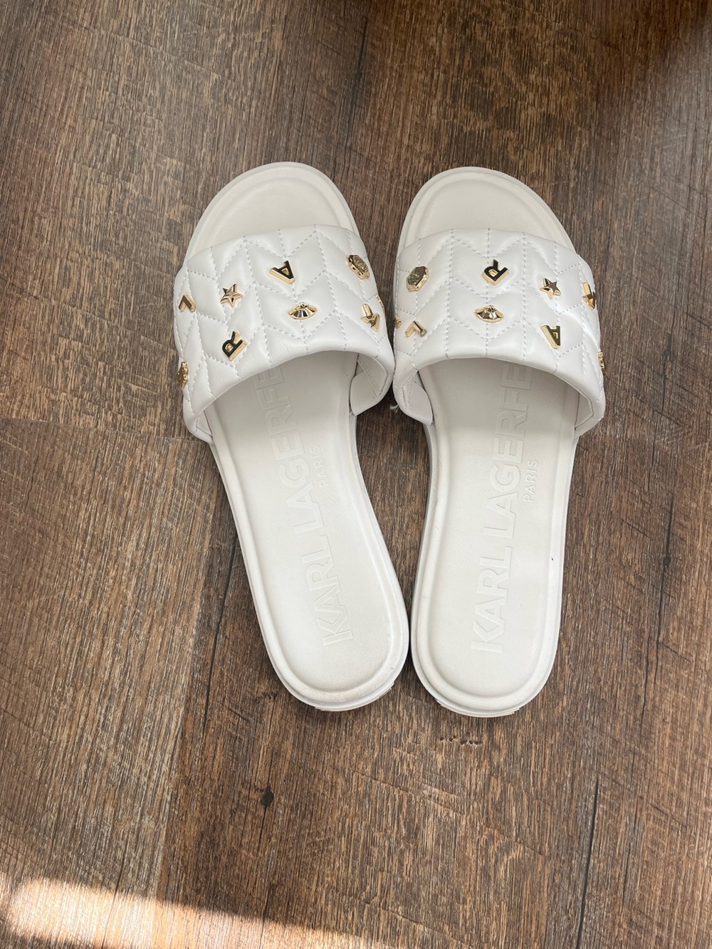 Karl Lagerfeld White Quilted Slide Sandals with Gold Accents